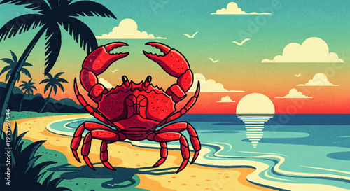 Vibrant red crab enjoying a serene tropical beach sunset, embodying the spirit of summer vacations and exotic seaside adventures in a retro illustration style