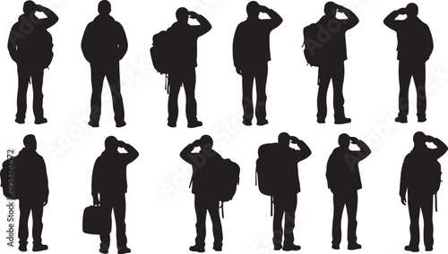 Silhouettes of people with various poses and luggage items