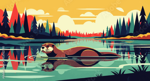 Captivating stylized vector art showcasing a lively otter gliding through a tranquil lake, reflecting the vibrant forest and clear skies in a serene natural setting