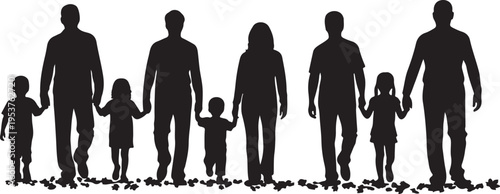 Silhouettes of diverse families with children walking together outdoors