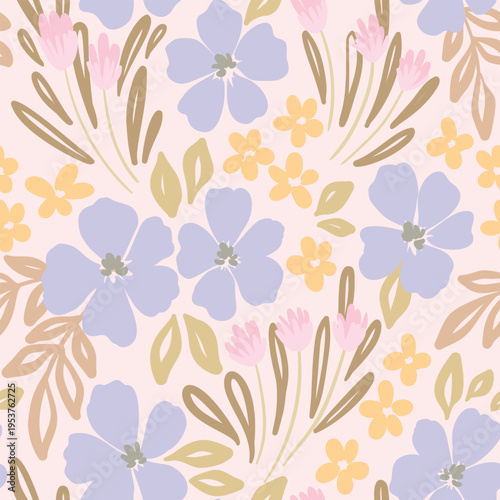 Seamless floral pattern, liberty ditsy print in simple artistic style. Cute botanical design of small hand drawn wild plants, flowers, tiny leaves, spring meadow in pastel colors. Vector illustration.