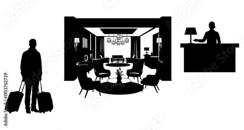 Silhouette of traveler with luggage entering hotel lobby with reception desk