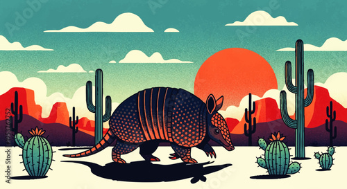 A vibrant desert landscape illustration featuring an armadillo walking past cacti and mountains under a bright sun with dramatic clouds