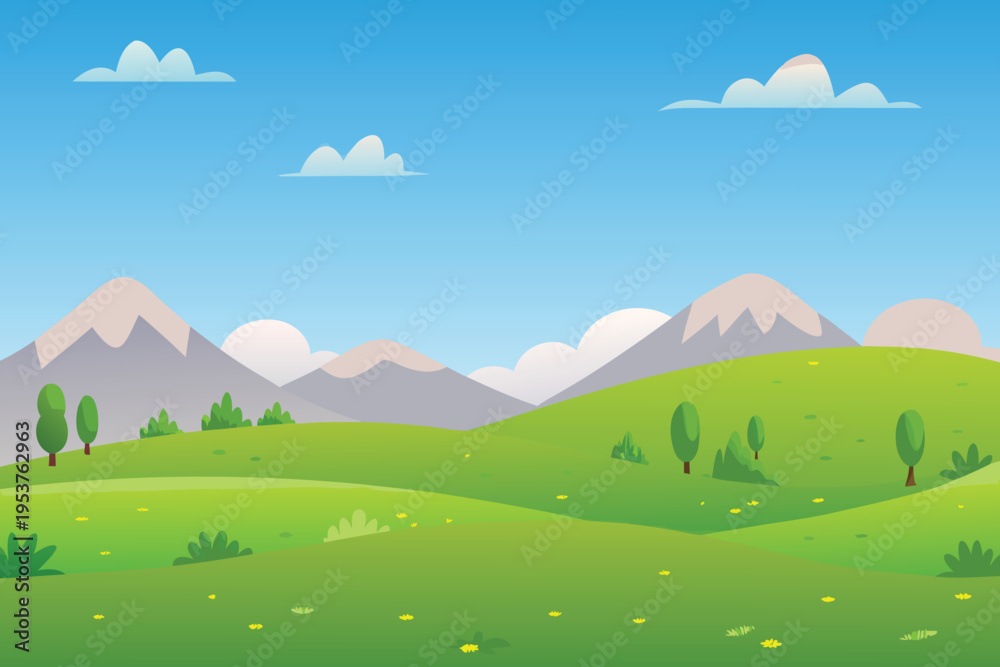 Fototapeta premium Cartoon landscape with green hills mountains and a blue sky