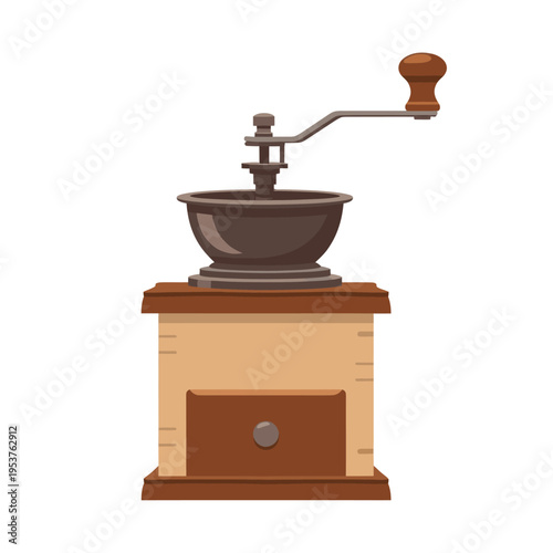 Coffee Mill Illustration with Hand Crank and Storage Drawer