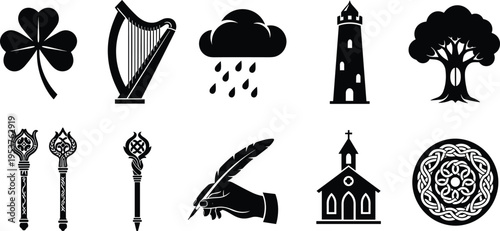 Black silhouettes of Irish symbols and on white background clover harp rain cloud lighthouse tree