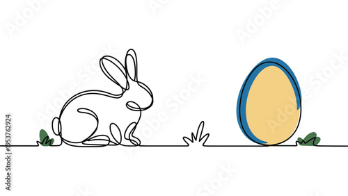 Minimalist Easter bunny and yellow egg in continuous line art style, simple spring holiday illustration with grass elements on white background.
