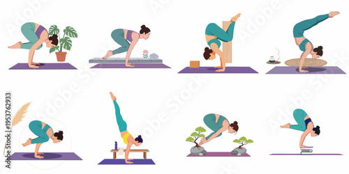 Collection of eight illustrations depicting a woman performing various advanced yoga arm balance and handstand poses in different serene settings.