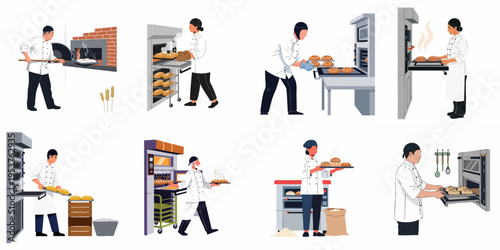 Set of diverse professional bakers preparing and baking fresh bread in traditional and modern industrial ovens, flat vector illustration isolated on white.