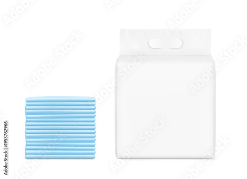 Realistic stand bag with changing mats stack mockup. Front view. Vector illustration isolated on white background. Suite for the presentation of diapers, wet wipes, pants changing mats. EPS10.