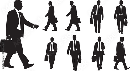 Silhouettes of businessmen walking with briefcases in various poses