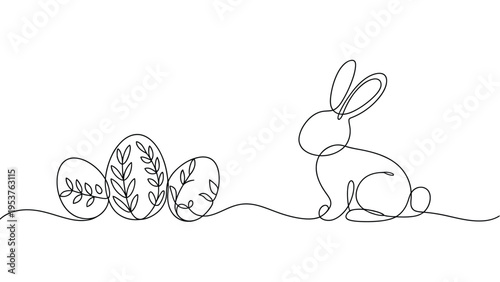 Continuous line drawing of Easter bunny and decorated eggs with leaves, minimalist spring holiday illustration on white background.