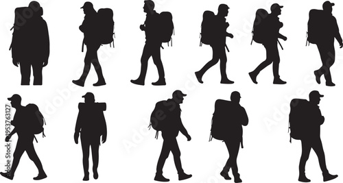 Silhouettes of people walking with backpacks in various poses