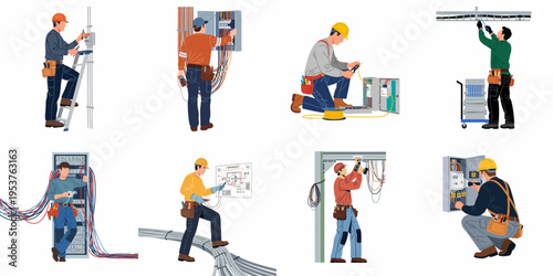 Set of professional electrician illustrations performing various electrical installations, repairs, and maintenance tasks on electrical panels and wiring.