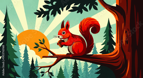 Vibrant Retro Sunset Illustration Featuring a Red Squirrel Perched on a Tree Branch with a Nut