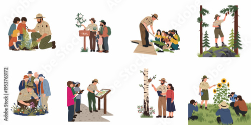 Collection of illustrations showing park rangers leading educational tours and nature activities for diverse groups of people in national parks.