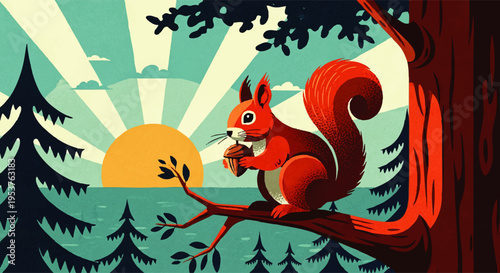 Charming squirrel perched on a tree branch, enjoying a nut against a backdrop of a sunrise and stylized forest landscape