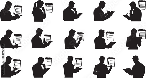 Silhouettes of business people holding tablets and documents together