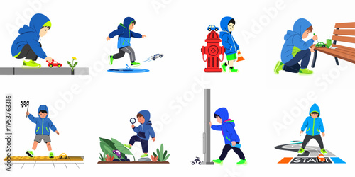 Set of vector illustrations featuring a young boy in a blue hoodie playing with toy cars in various outdoor urban environments.