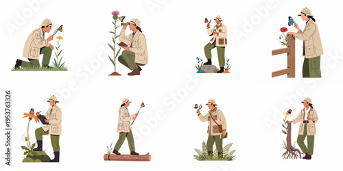Set of flat vector illustrations featuring entomologists and explorers studying butterflies in nature using various scientific tools and equipment.