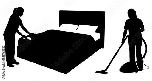 Bedroom Cleaning Silhouettes: Person Making Bed Person Vacuuming Floor