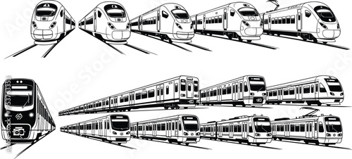 Modern train collection with high speed and metro rail vehicles, urban public transport black and white detailed illustration set
