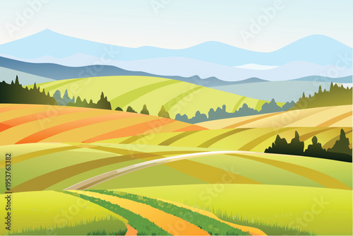 Rolling hills and farmland under a clear bright sky