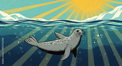 A heartwarming illustration of a spotted seal gracefully swimming in the clear, sunlit arctic waters, capturing the serene beauty of wildlife beneath the ice
