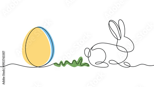 Easter bunny and golden egg in continuous line art style on white background, minimalist spring holiday illustration design.