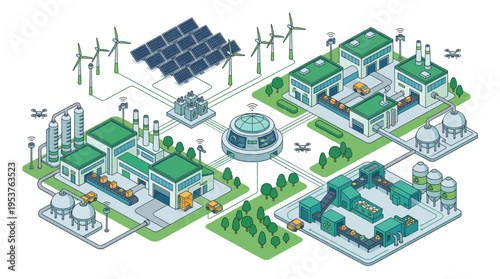 Sustainable industrial complex with renewable energy sources.