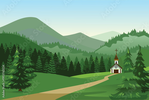 A quaint white church nestled in a lush green mountain landscape