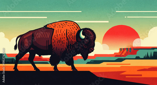 Majestic American Bison Roaming Through a Vibrant, Stylized Western Desert Landscape at Sunset, Capturing the Spirit of the Wild Frontier