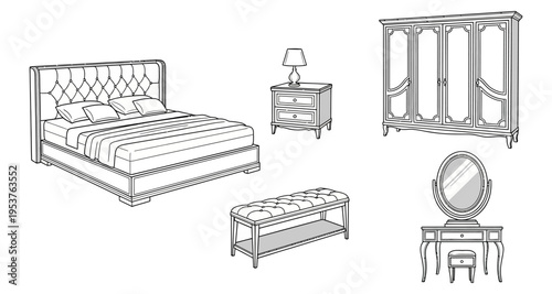 Bedroom Furniture Set Line Drawing Tufted Bed Wardrobe Vanity Nightstand Bench Stock Illustration