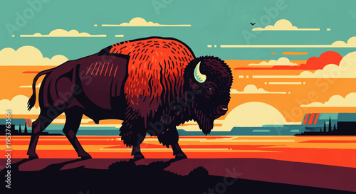 Majestic Bison Roaming the Vast Plains During a Fiery Sunset A Symbol of the American West