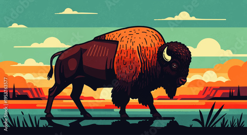 Majestic Bison Roaming a Vibrant Landscape with a Calm Lake and a Distant Cityscape