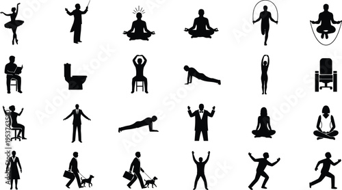 People activity silhouettes collection with yoga, office work, exercise, dancing and daily lifestyle poses, black and white human figure illustration set