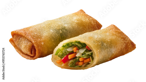 Crispy golden fried spring rolls, one whole and one cut open revealing fresh vibrant vegetable filling, isolated PNG on transparent background