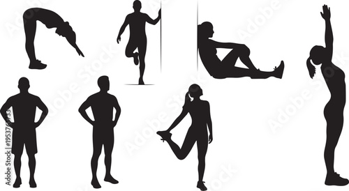 Silhouettes of people exercising and stretching in various poses