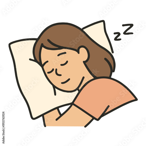Woman sleeping pillow peaceful rest cartoon, closed eyes, brown hair, relaxation, comfort
