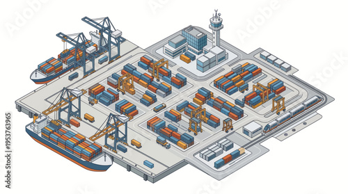 Isometric illustration of a shipping port with cargo containers and cranes.
