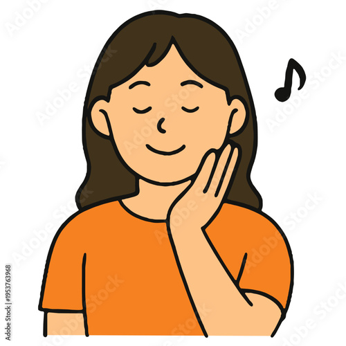 Woman orange shirt long hair smiling hand on cheek music note relaxed happy