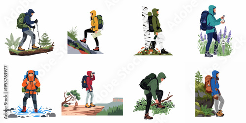 Set of flat vector illustrations featuring diverse hikers exploring nature, climbing mountains, trekking through forests, and navigating various outdoor terrains with backpacks.