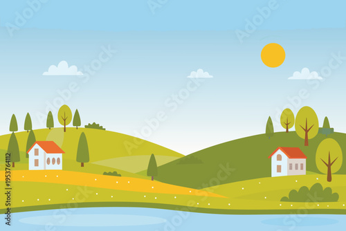 A serene landscape featuring rolling hills and charming houses