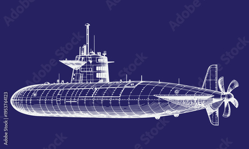 Hand Drawn Nuclear Submarine Side Profile Vector Line Art, Naval Military Vessel Technical Illustration Isolated on White Background