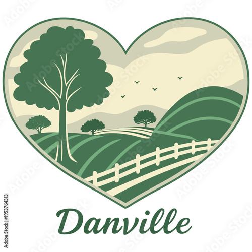 Danville Kentucky Rural Landscape Scene with Rolling Hills and Farmland in Heart Shape