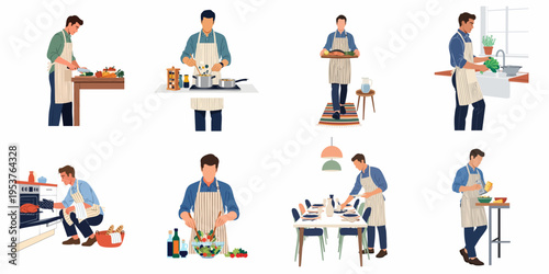 Set of illustrations depicting a man in an apron performing various culinary tasks including cooking, chopping, baking, washing vegetables, and setting the table.