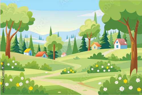 A peaceful countryside landscape with houses and rolling green hills