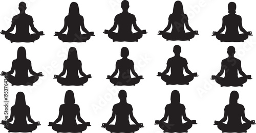 Silhouettes of people meditating in various seated positions together