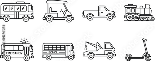 Vehicle outline icons collection with bus, truck, pickup, tow truck, scooter and train, modern transport line illustration set
