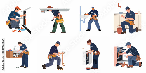 A diverse group of professional male and female plumbers fixing leaks, installing pipes, and repairing home appliances in various household settings.